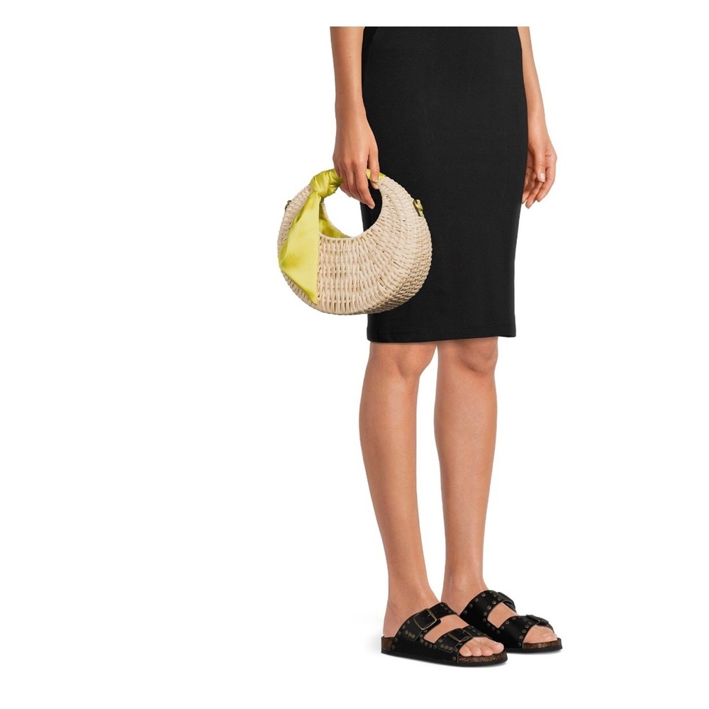 Woven straw Top handle crescent shape crossbody bag silk look citron scarf new - Picture 6 of 13
